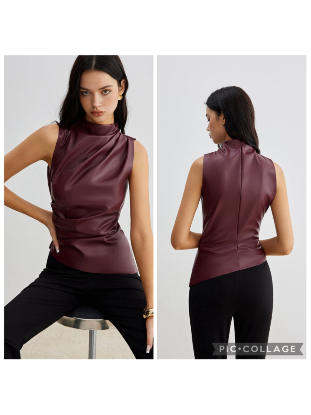 Commense Burgundy Faux Leather Draped Cowl Neck Sleeveless Vest NWT Large